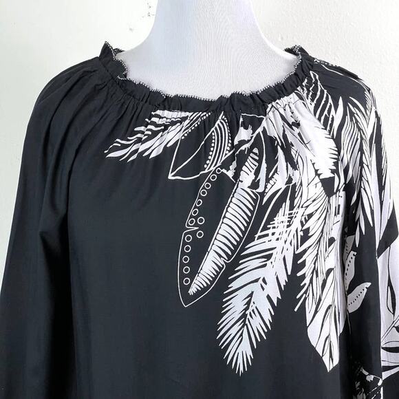 Soft Surroundings Size M Palm Leaf Blouse Ruffle Trim Black White - Picture 7 of 11